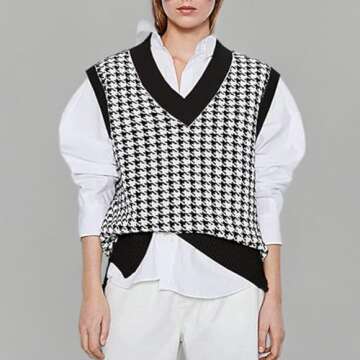 Sdencin Women Houndstooth Pattern Knit Sweater Vest Sleeveless Loose V-Neck 90s Waistcoat Pullover Knitwear Top Black