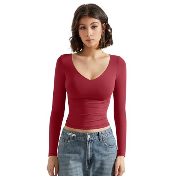 SUUKSESS Women Double Lined V Neck Going Out Crop Long Sleeve Tank Top Casual Fitted Slim Trendy Cut...