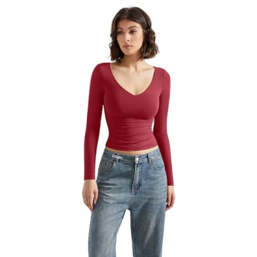 Trendy SUUKSESS V Neck Long Sleeve Crop Tops for Women