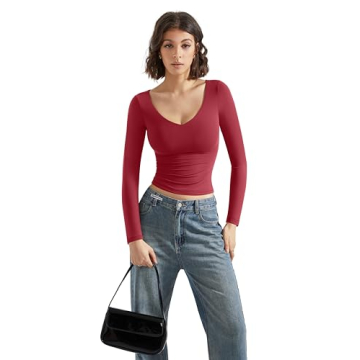 Trendy SUUKSESS V Neck Long Sleeve Crop Tops for Women
