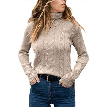Womens Turtleneck Sweaters Long Sleeve Pullover Cable Knit Sweaters Soft Jumper Beige