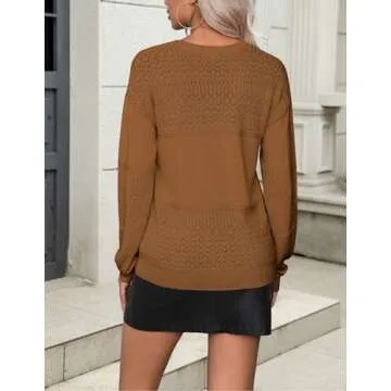 Zeagoo Womens 2025 Fall Sweaters Casual Long Sleeve Ribbed Knit Pullover V Neck Lightweight Crochet Pullover Sweater Top Coffee