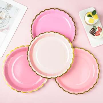 AimFun Pink Scalloped Party Plates Gold Foil Border Paper Plates Disposable 9inch Gradient Pink Plates for Pink Bow Birthday Coquette Bridal Baby Shower Valentines Party Supplies (24, Pink)