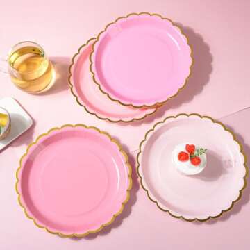 AimFun Pink Scalloped Party Plates Gold Foil Border Paper Plates Disposable 9inch Gradient Pink Plates for Pink Bow Birthday Coquette Bridal Baby Shower Valentines Party Supplies (24, Pink)