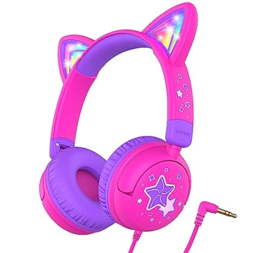 iClever Cat Ear Kids Headphones: LED Light, Safe Volume, Stereo Sound