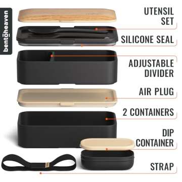Bentoheaven Premium Bento Box Adult Lunch Box with Compartments for Women & Men, Set of Utensil & Chopsticks & Dip Container, Cute Japanese Kids Bento Lunch Box, Microwavable (Symph-Onyx)