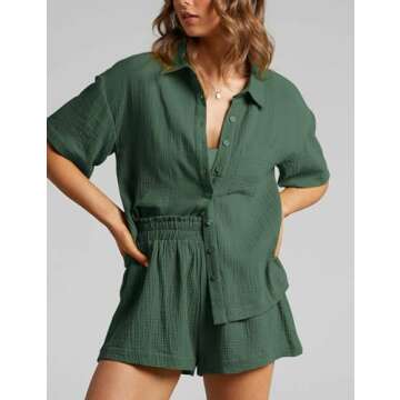 Flygo Womens Casual 2 Piece Outfits Cotton Linen Sets Button Down Shirt Shorts Resort Wear 2024 Paja...