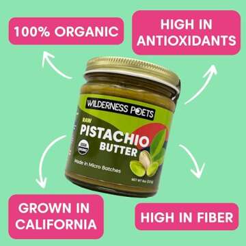 Wilderness Poets, Pistachio Butter - Organic, Raw, 100% Pistachio - Glass Jar (8 Ounce) - Perfect for Dubai Chocolate Bar Desserts with Knafeh or Savory Creations - Unsweetened, California-Grown