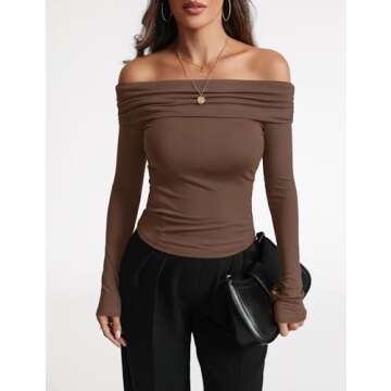 Women's Sexy Off Shoulder Tops Dressy Casual Slim Fit Long Sleeves Spring Fall Blouse Going Out Nightout Shirt Coffee