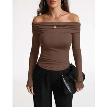 Women's Sexy Off Shoulder Tops Dressy Casual Slim Fit Long Sleeves Spring Fall Blouse Going Out Nightout Shirt Coffee