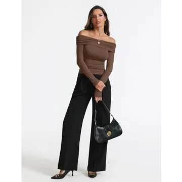 Women's Sexy Off Shoulder Tops Dressy Casual Slim Fit Long Sleeves Spring Fall Blouse Going Out Nightout Shirt Coffee