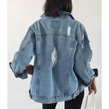 JUDYBRIDAL Oversize Denim Jacket for Women Ripped Jean Jacket Boyfriend Long Sleeve Coat Blue M