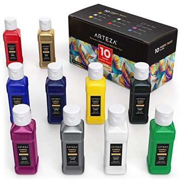 ARTEZA Permanent Fabric & Textile Paint, Set of 10 (60 ml) Individual Bottles, Vibrant Colors, Washer & Dryer Safe, for T-Shirts, Jeans, DIY Projects, Paper & Canvas
