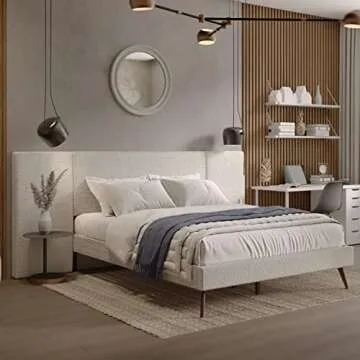 DG Casa Boucle Modern Platform Upholstered Bed Frame with Soft Textured Extended Headboard Fluted Wooden Base Legs, Slat Support Included, Easy Assembly, Queen Size, Cream