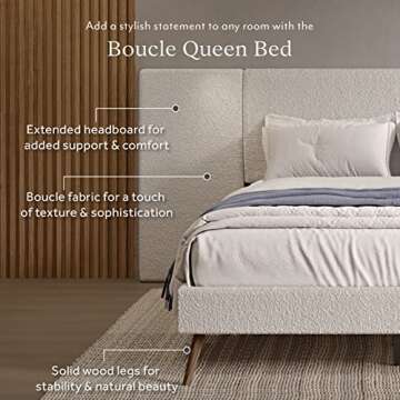 DG Casa Boucle Modern Platform Upholstered Bed Frame with Soft Textured Extended Headboard Fluted Wooden Base Legs, Slat Support Included, Easy Assembly, Queen Size, Cream