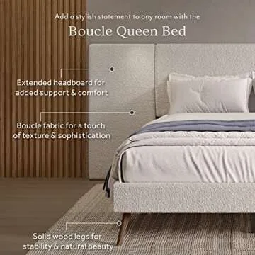 DG Casa Boucle Modern Platform Upholstered Bed Frame with Soft Textured Extended Headboard Fluted Wooden Base Legs, Slat Support Included, Easy Assembly, Queen Size, Cream
