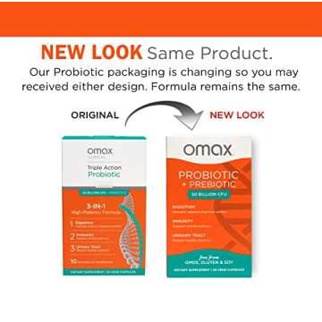Omax Prebiotic & Probiotic 50 Billion CFU + Chicory Inulin, 10 Strains, Reduce Bloating, Digestion, ...