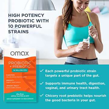 Omax Prebiotic & Probiotic 50 Billion CFU + Chicory Inulin, 10 Strains, Reduce Bloating, Digestion, SIBO, Leaky Gut, Vaginal pH, Acidophilus, Vegan, Dairy Free, Gluten Free, Blister Packaged