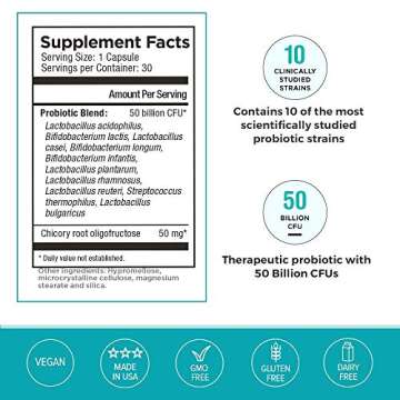 Omax Prebiotic & Probiotic 50 Billion CFU + Chicory Inulin, 10 Strains, Reduce Bloating, Digestion, SIBO, Leaky Gut, Vaginal pH, Acidophilus, Vegan, Dairy Free, Gluten Free, Blister Packaged