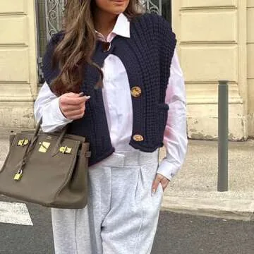 Chic Crochet Knit Sweater Vest for Women with Pockets