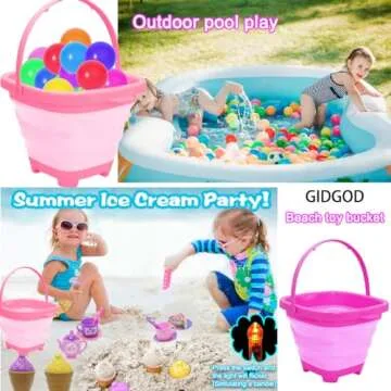 GIDGOD Beach Toys for 2-4 Years Old,Foldable Silicone Beach Bucket Toys Set for 3-5 Years Old Girls Kids Toddlers, with Sand Shovel Sand Rake Portable Travelling Sand Bucket