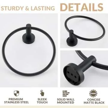 APLusee Matte Black Towel Ring Wall Mounted, Hand Towel Holder for Bathroom, Solid Stainless Steel Round Wall Hanger