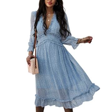 MOPOOGOSS Womens Cute Spring Summer Casual Beach Dress Sexy Deep V Neck Ruffle Chiffon Short Sleeve ...