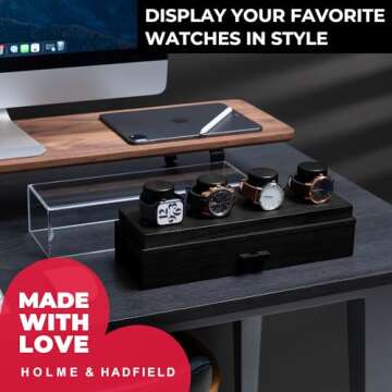 Holme & Hadfield Premium 4-Slot Wooden Watch Display Case with Lifetime Assurance – Handcrafted Men’s Watch Box with Accessory Drawer – Valentine's Day Gift for Collectors – Luxury Built to Last