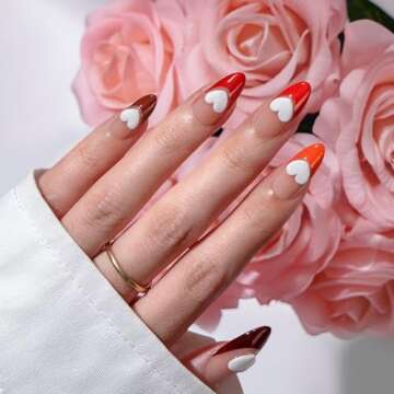 BTArtboxnails XCOATTIPS French Tip Press on Nails - Red Press On Nails Almond, Medium Fake Nails, 15...