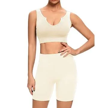 SUPJADE Buscando Yoga Outfits Workout Sets for Women 2 Piece Shorts Seamless High Waist Ribbed Leggings Sets with Sports Bra(A_Kahki, Small)