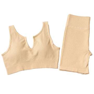 SUPJADE Buscando Yoga Outfits Workout Sets for Women 2 Piece Shorts Seamless High Waist Ribbed Leggings Sets with Sports Bra(A_Kahki, Small)