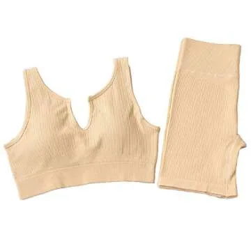 SUPJADE Buscando Yoga Outfits Workout Sets for Women 2 Piece Shorts Seamless High Waist Ribbed Leggings Sets with Sports Bra(A_Kahki, Small)