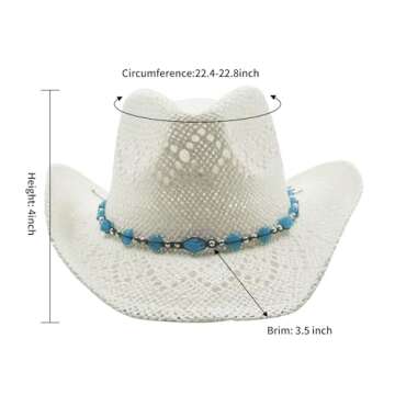 Vamuss Straw Cowboy Cowgirl Hat for Women with Beaded Trim and Shapeable White-Blue