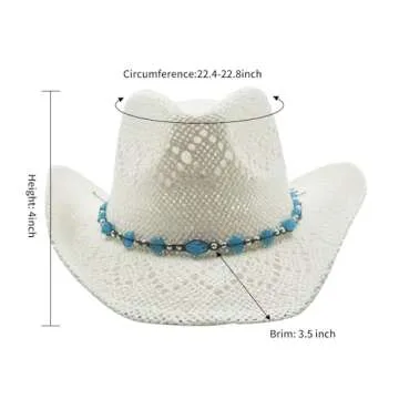 Vamuss Straw Cowboy Cowgirl Hat for Women with Beaded Trim and Shapeable White-Blue