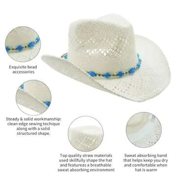 Vamuss Straw Cowboy Cowgirl Hat for Women with Beaded Trim and Shapeable White-Blue