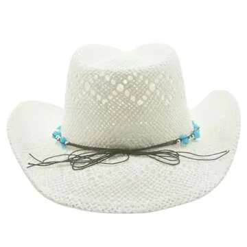Vamuss Straw Cowboy Cowgirl Hat for Women with Beaded Trim and Shapeable White-Blue