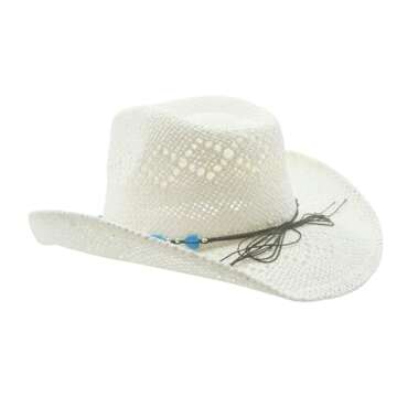Vamuss Straw Cowboy Cowgirl Hat for Women with Beaded Trim and Shapeable White-Blue