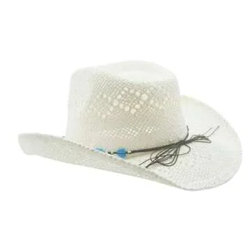 Vamuss Straw Cowboy Cowgirl Hat for Women with Beaded Trim and Shapeable White-Blue