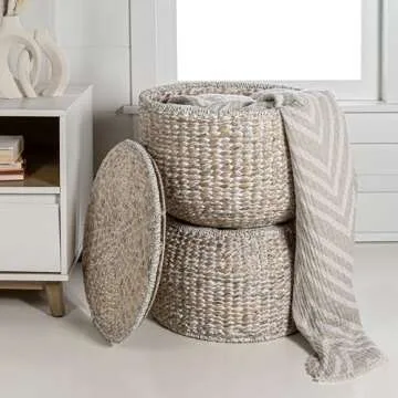 happimess SAT1000C Bhola 18" Hourglass Handwoven Hyacinth Storage Accent Table with Lid for Storage ...