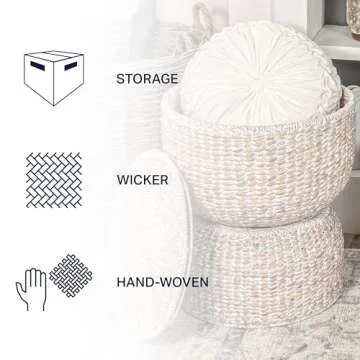 happimess SAT1000C Bhola 18" Hourglass Handwoven Hyacinth Storage Accent Table with Lid for Storage and Decoration in Bedroom, Living Room, Kitchen, Dining Room, Entryway, Guestroom, White Wash