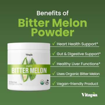 Vitapia Organic Bitter Melon Fruit 10:1 Extract for Strong Digestive, Gut Health, Liver Function, Heart Health Support - 100g Powder Supplement & 33 Day Supply - Non-GMO, Gluten-Free, Vegan-Friendly
