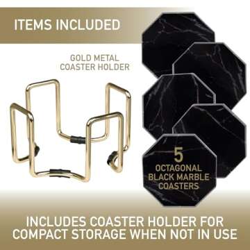 Black Marble Coasters & Gold Coaster Holder (Set of 5) - Durable, Thick Aesthetic Coasters - Protect...