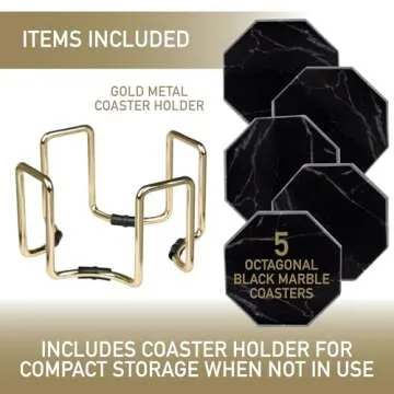 Black Marble Coasters & Gold Coaster Holder (Set of 5) - Durable, Thick Aesthetic Coasters - Protect...