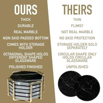 Black Marble Coasters & Gold Coaster Holder (Set of 5) - Durable, Thick Aesthetic Coasters - Protects Any Table Type & Fits Any Coffee Mug, Drinking Glass, Barware - Great Housewarming & Wedding Gift