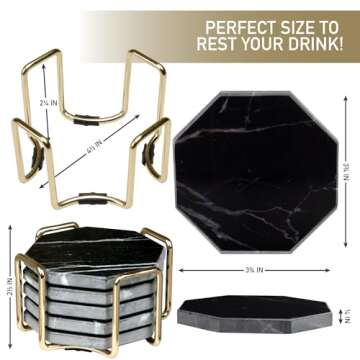 Black Marble Coasters & Gold Coaster Holder (Set of 5) - Durable, Thick Aesthetic Coasters - Protects Any Table Type & Fits Any Coffee Mug, Drinking Glass, Barware - Great Housewarming & Wedding Gift