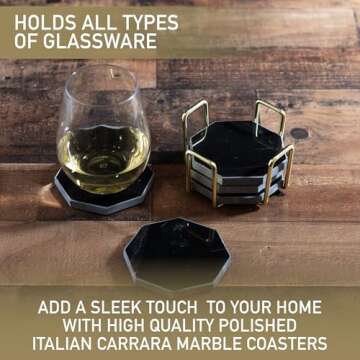 Black Marble Coasters & Gold Coaster Holder (Set of 5) - Durable, Thick Aesthetic Coasters - Protects Any Table Type & Fits Any Coffee Mug, Drinking Glass, Barware - Great Housewarming & Wedding Gift