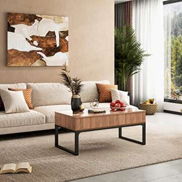 WLIVE Lift Top Coffee Table with Hidden Compartment, Cocktail Table, Rising Center for Living Room, Side Drawer and Metal Frame, Walnut Oak