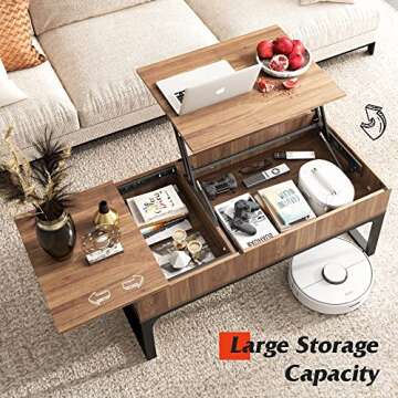 WLIVE Lift Top Coffee Table with Hidden Compartment, Cocktail Table, Rising Center for Living Room, Side Drawer and Metal Frame, Walnut Oak