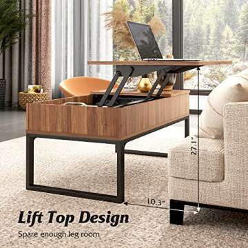 WLIVE Lift Top Coffee Table with Hidden Compartment, Cocktail Table, Rising Center for Living Room, Side Drawer and Metal Frame, Walnut Oak