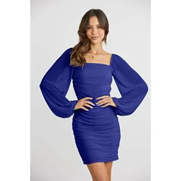 MASCOMODA Women Elegant Square Neck Lantern Long Sleeve Mini Ruched Bodycon Dress Stretch Mesh Slim Party Cocktail Dresses(Small,Royal Blue)